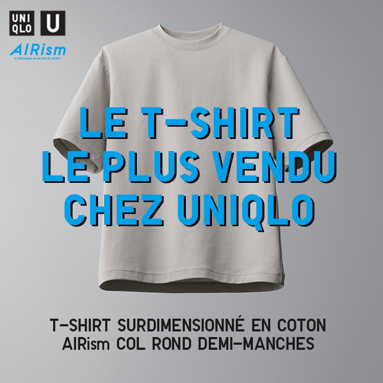 An image of 
T-shirt surdimensionné en coton AIRism à col rond et demi manches