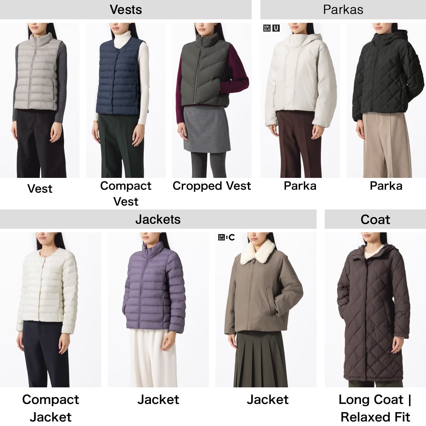 jackets, parka, vests and coat shown on models to compare styles