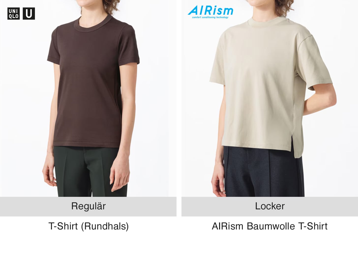 Zwei Models tragen T-Shirts in Dunkelbraun und Beige.