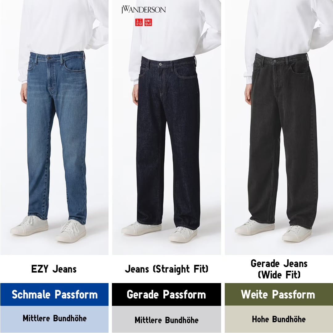 Models tragen EZY Jeans, Straight Fit Jeans und Wide Fit Jeans.