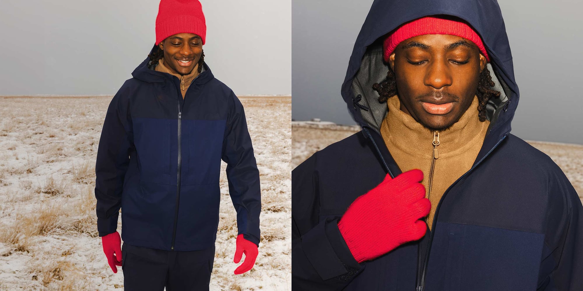 model wearing red cashmere gloves, a matching red cashmere beanie, blue BLOCKTECH coat, camel high neck fleece