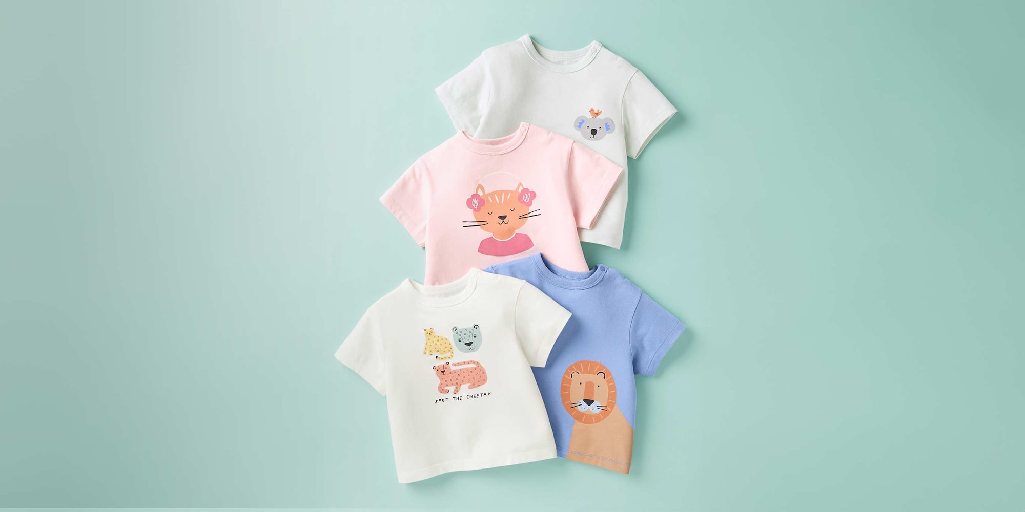 Joy of Print DRY Crew Neck T-Shirts featuring a koala, a cat, cheetahs and a lion