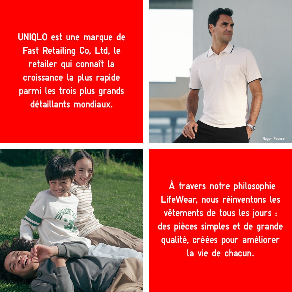 Roger Federer porte un polo UNIQLO et des mannequins portent des vêtements UNIQLO