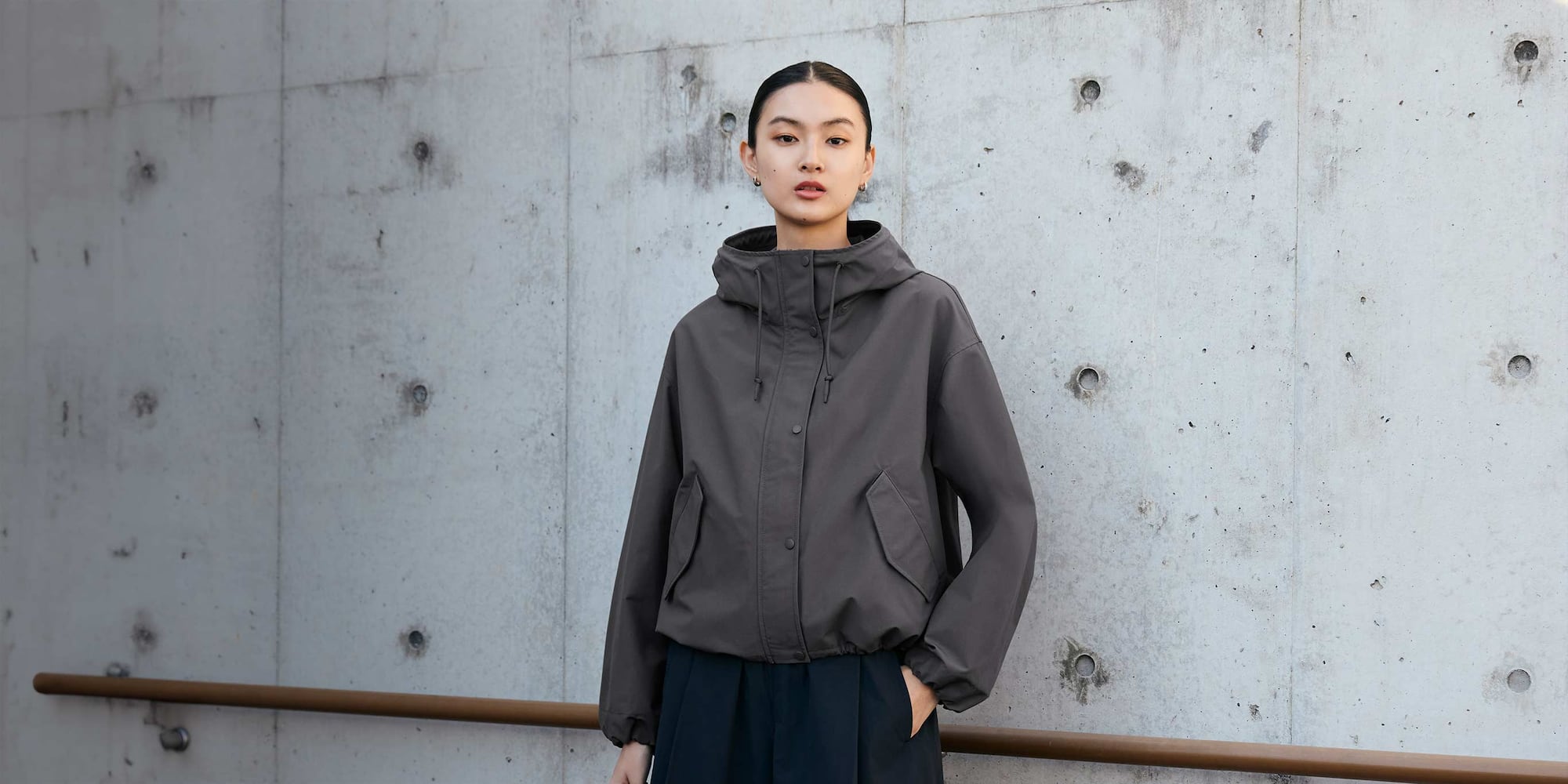 model wearing Cotton Blend Short Parka in grey