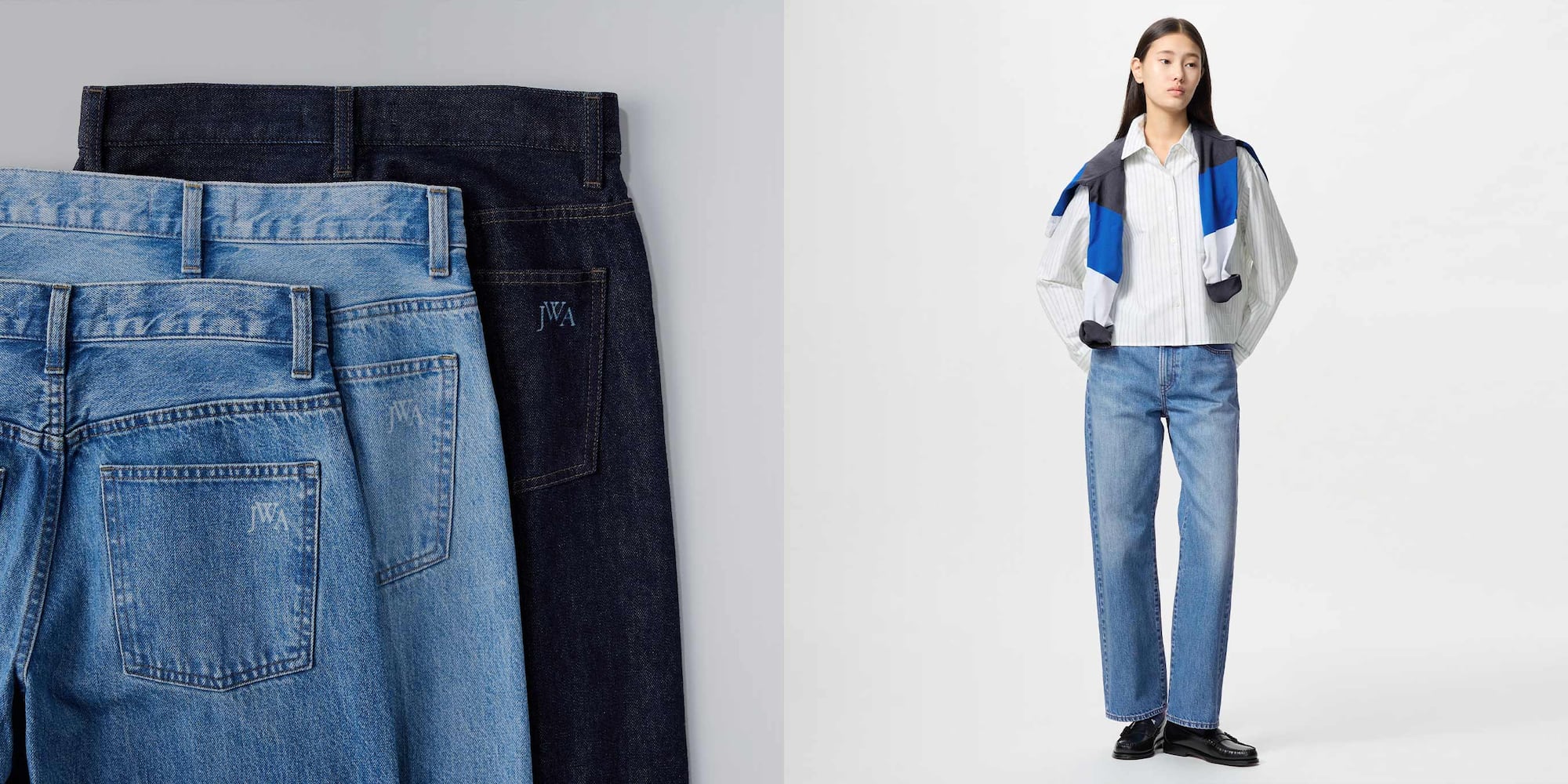 model wearing Straight Jeans in blue with an off white striped shirt