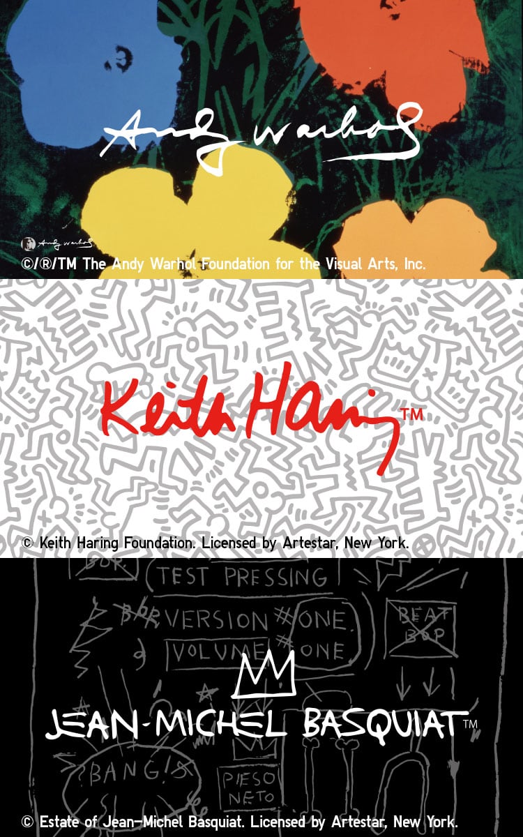 Stacked iconic illustrations from Andy Warhol, Keith Haring, Jean-Michel Basquiat