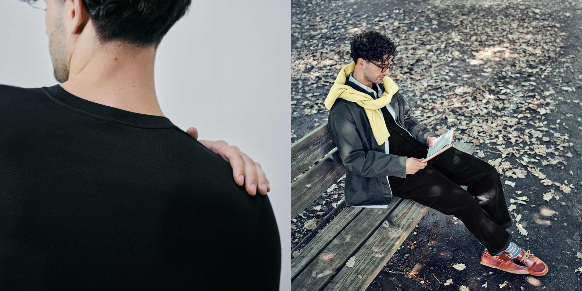 model wearing HEATTECH thermal top in black under a shirt and jacket while sitting on a bench surrounded by fallen leaves