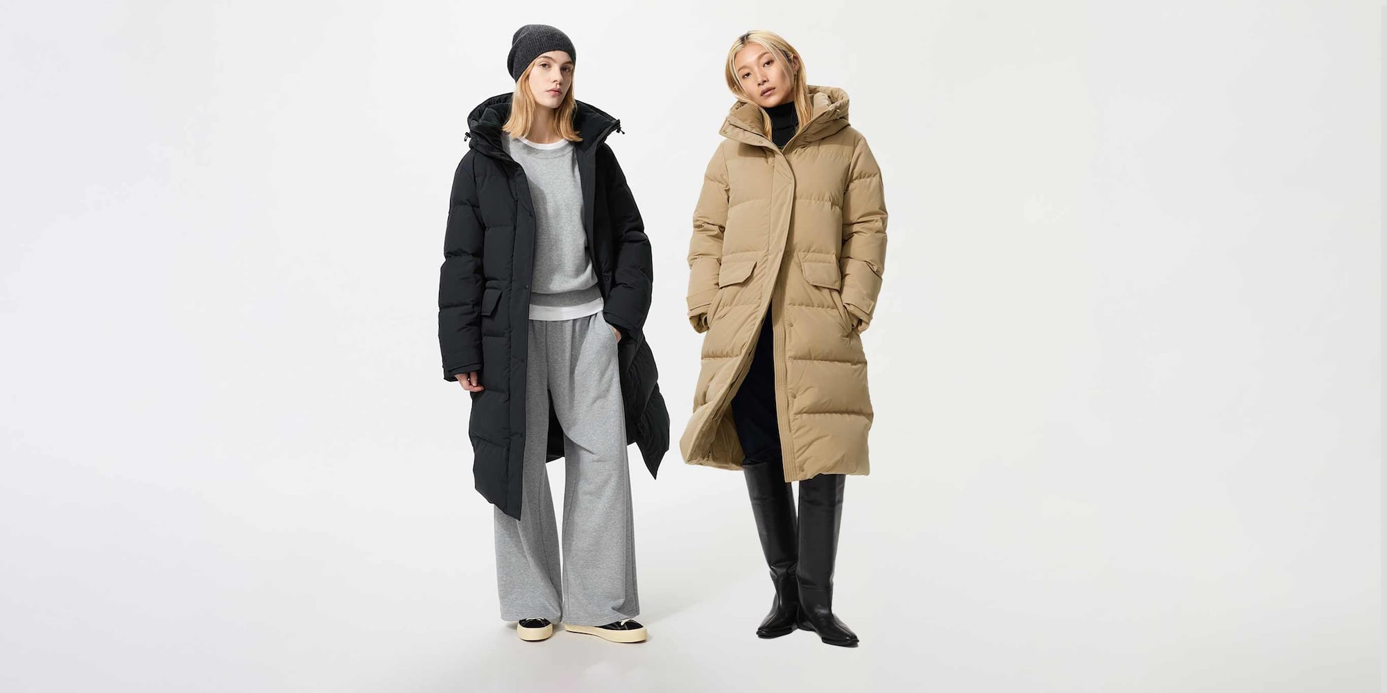 two models wearing Ultra Warm Down Long Coats in black and beige