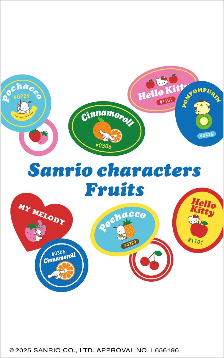 Sanrio characters fruits with character stickers featuring hello kitty, pompompurin, pochacco, cinnamoroll, and my melody