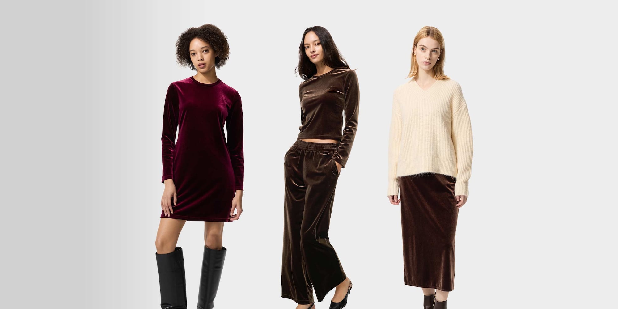 model wearing Velour Easy Trousers in dark brown with a matching long sleeved top