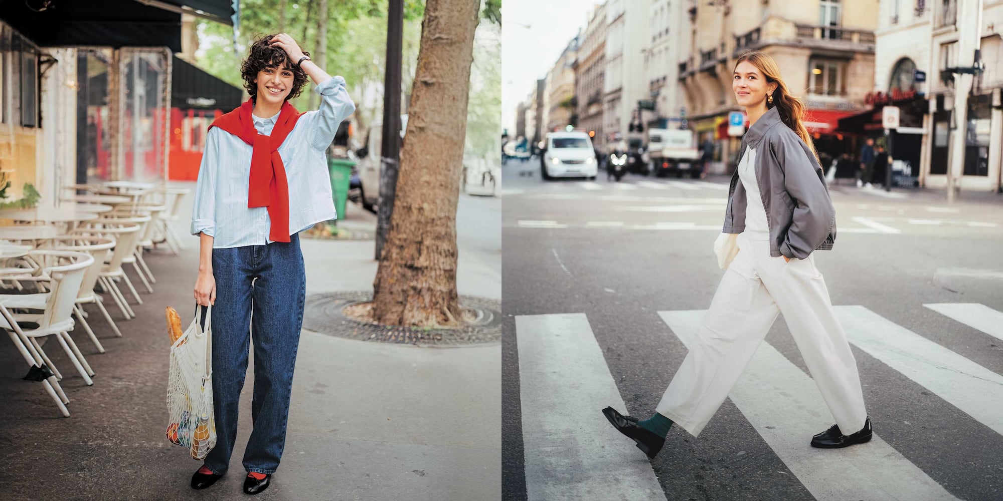 model wearing Jersey Barrel Leg Trousers in off white with a white top, grey jacket, dark green socks and black loafers while crossing the road