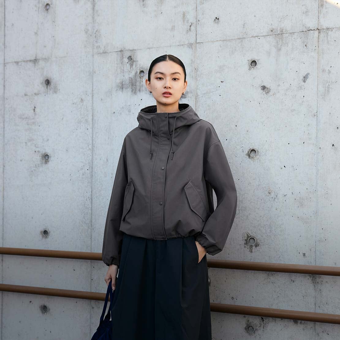 model wearing Cotton Blend Short Parka in grey