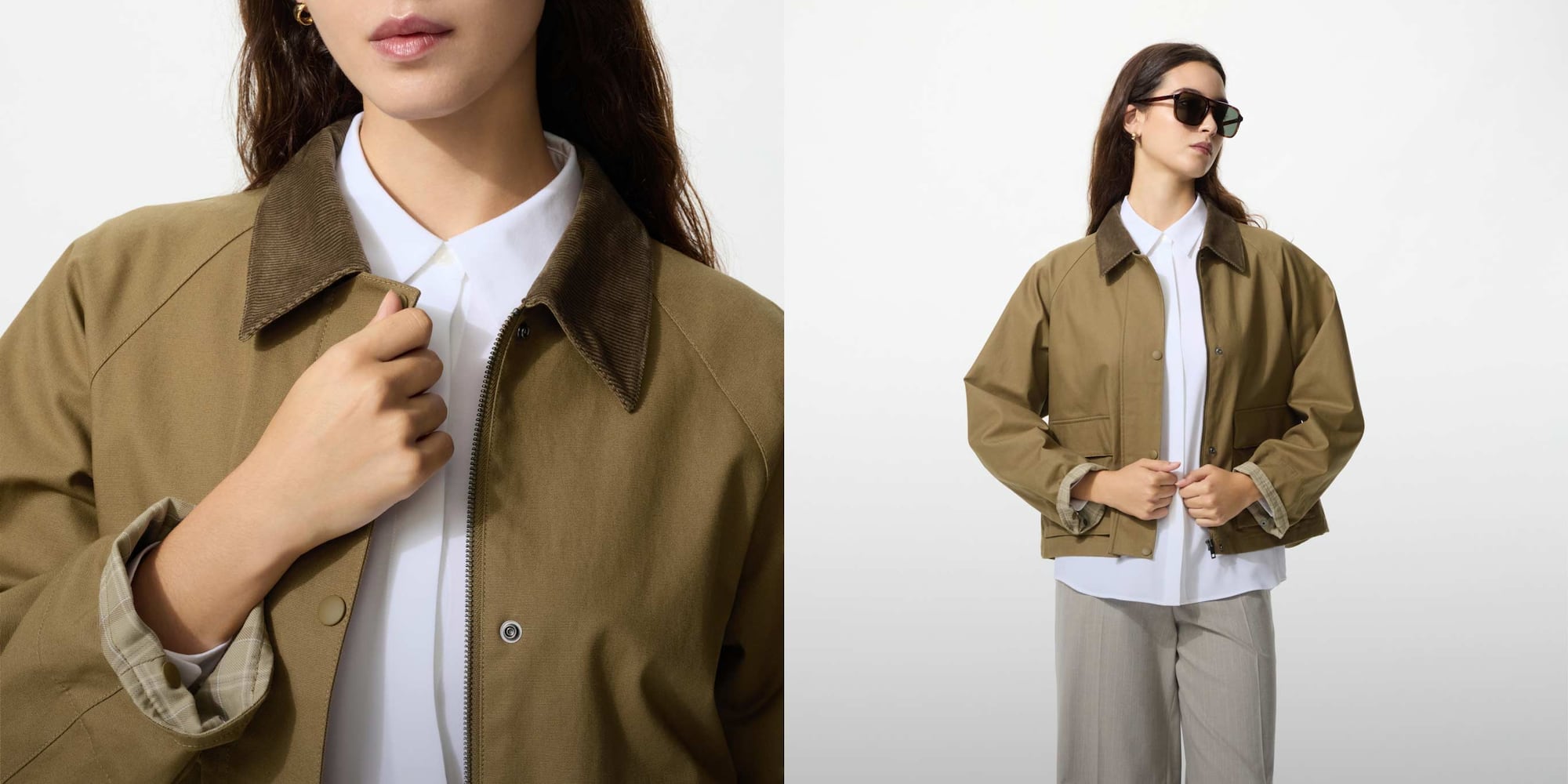 Effortless style featuring corduroy collar and crisp fabric.