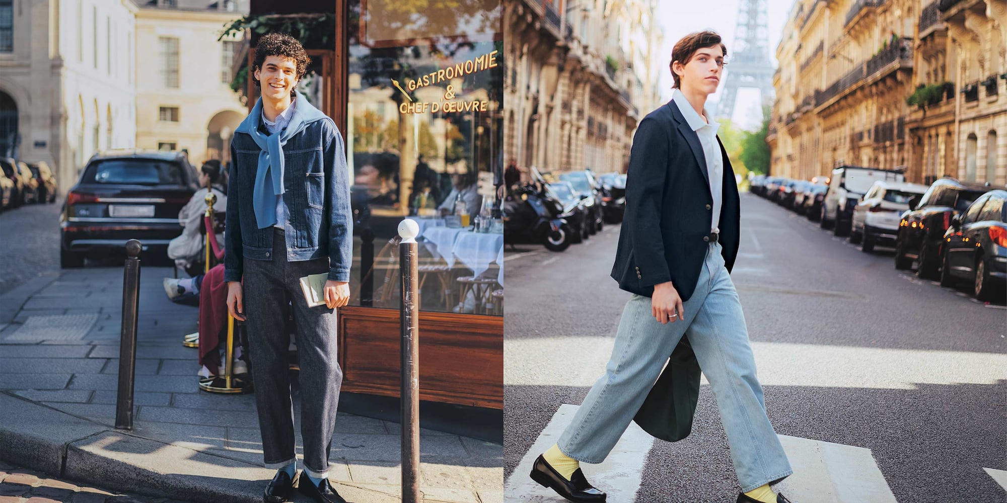 model wearing Selvedge Straight Jeans in navy with a denim trucker jacket, broadcloth shirt, blue socks and a blue jumper tied at the shoulders