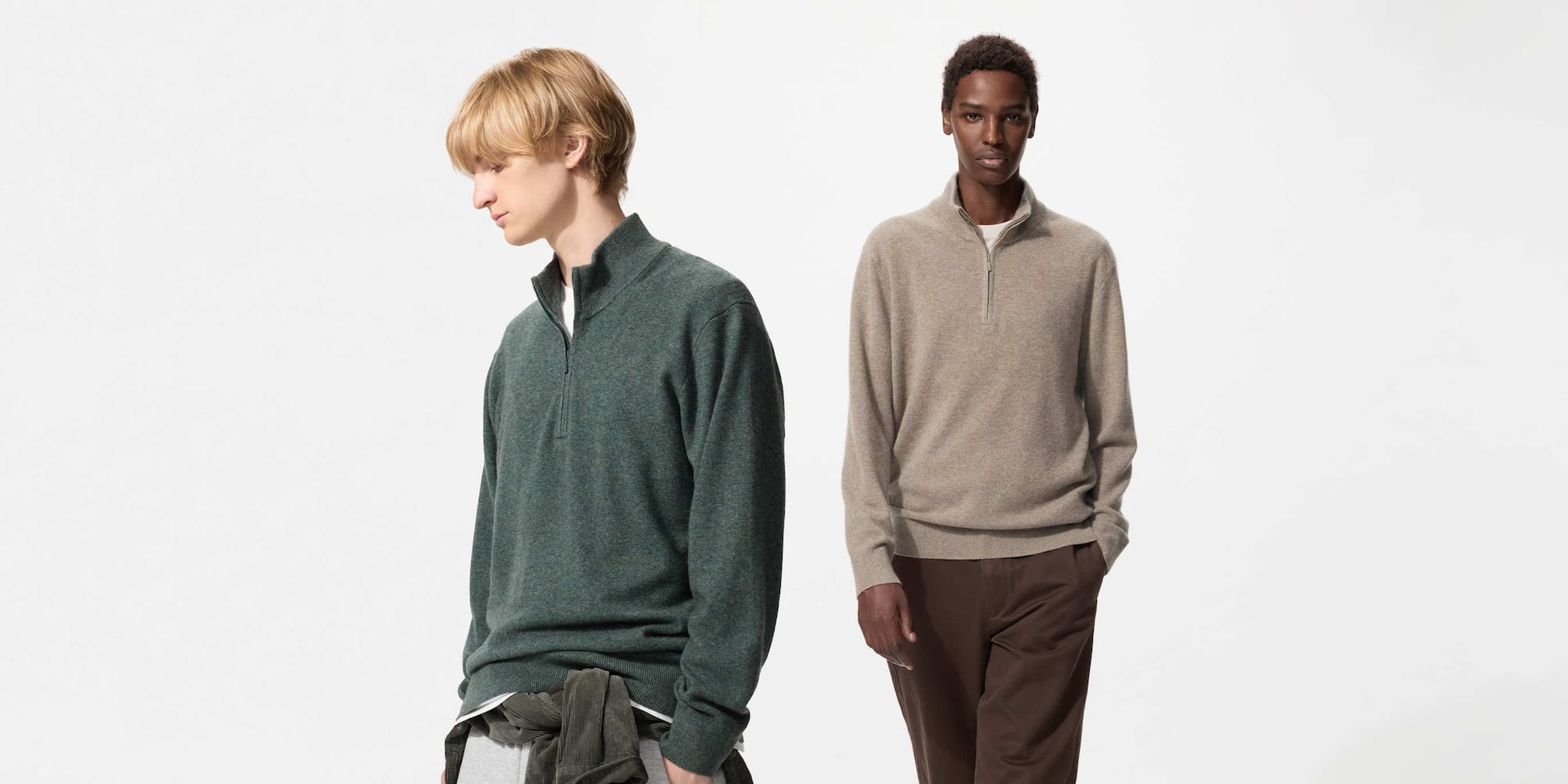 model wearing 100% Cashmere Half-Zip Jumper in brown with a white T-shirt and brown trousers