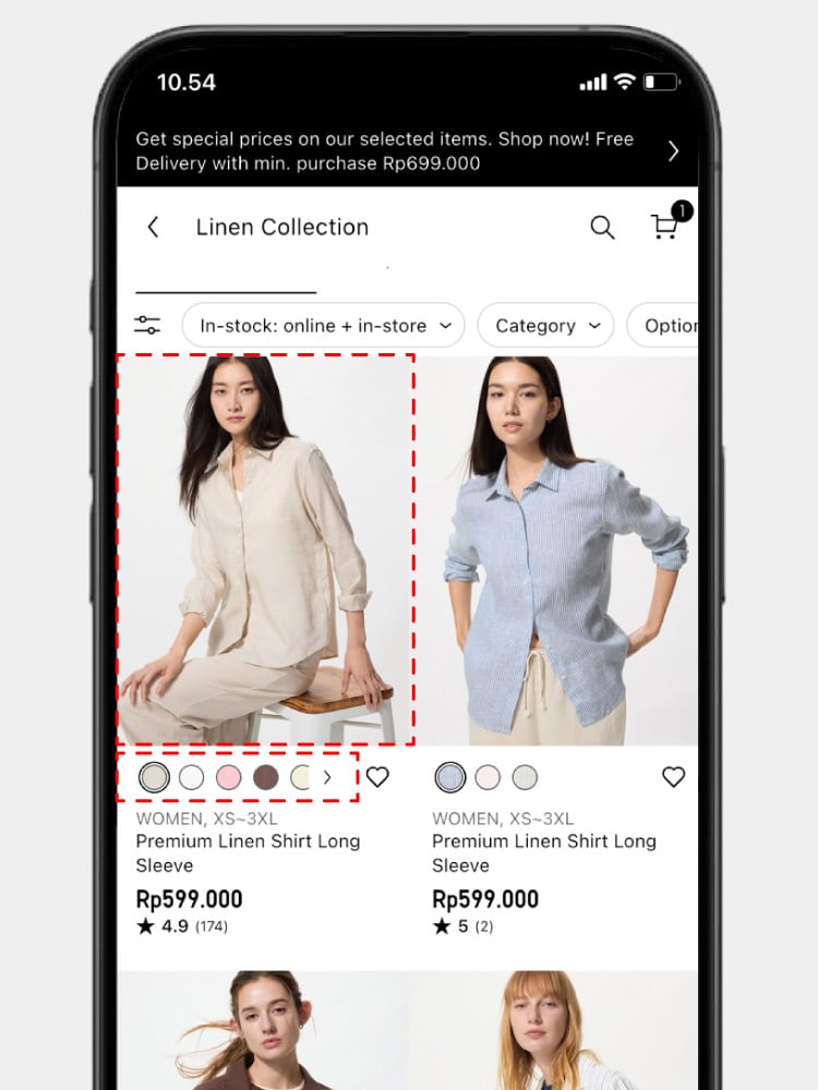 Use the color buttons on the product list to view the product in different colors. You can also swipe the images.