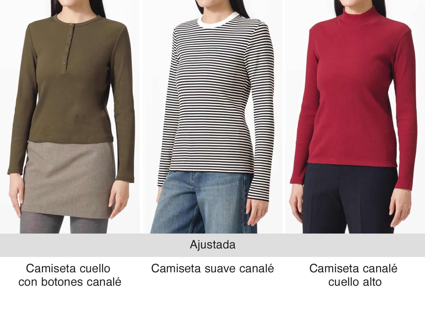 Tres modelos con camisetas de manga larga con cuello henley, cuello redondo y cuello alto.