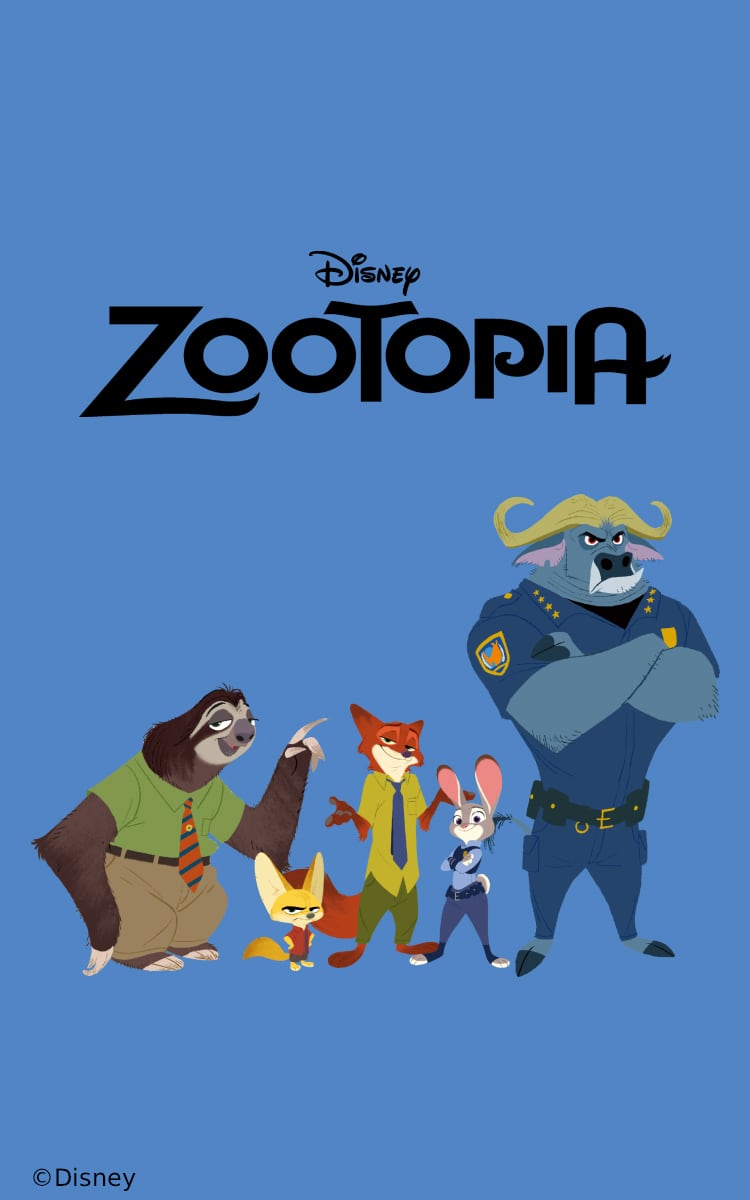 Blue background with animal characters in the foreground from the Disney films, Zootopia.
