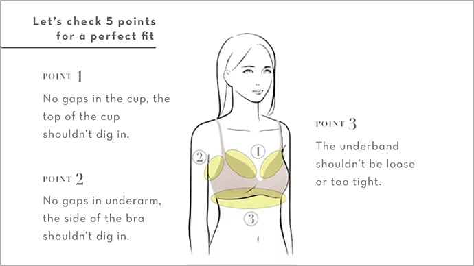 POINT 1: Are there any gaps or bumps on the top edge of the cups? POINT 2: Are there any gaps or bumps on the sides? POINT 3: Is the undergarment too loose or too tight? Illustration of