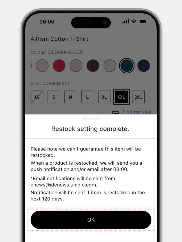 After logging in, the pop-up prompt will display detailed back-in-stock information. This process will allow customers to receive a notification when the product becomes available.