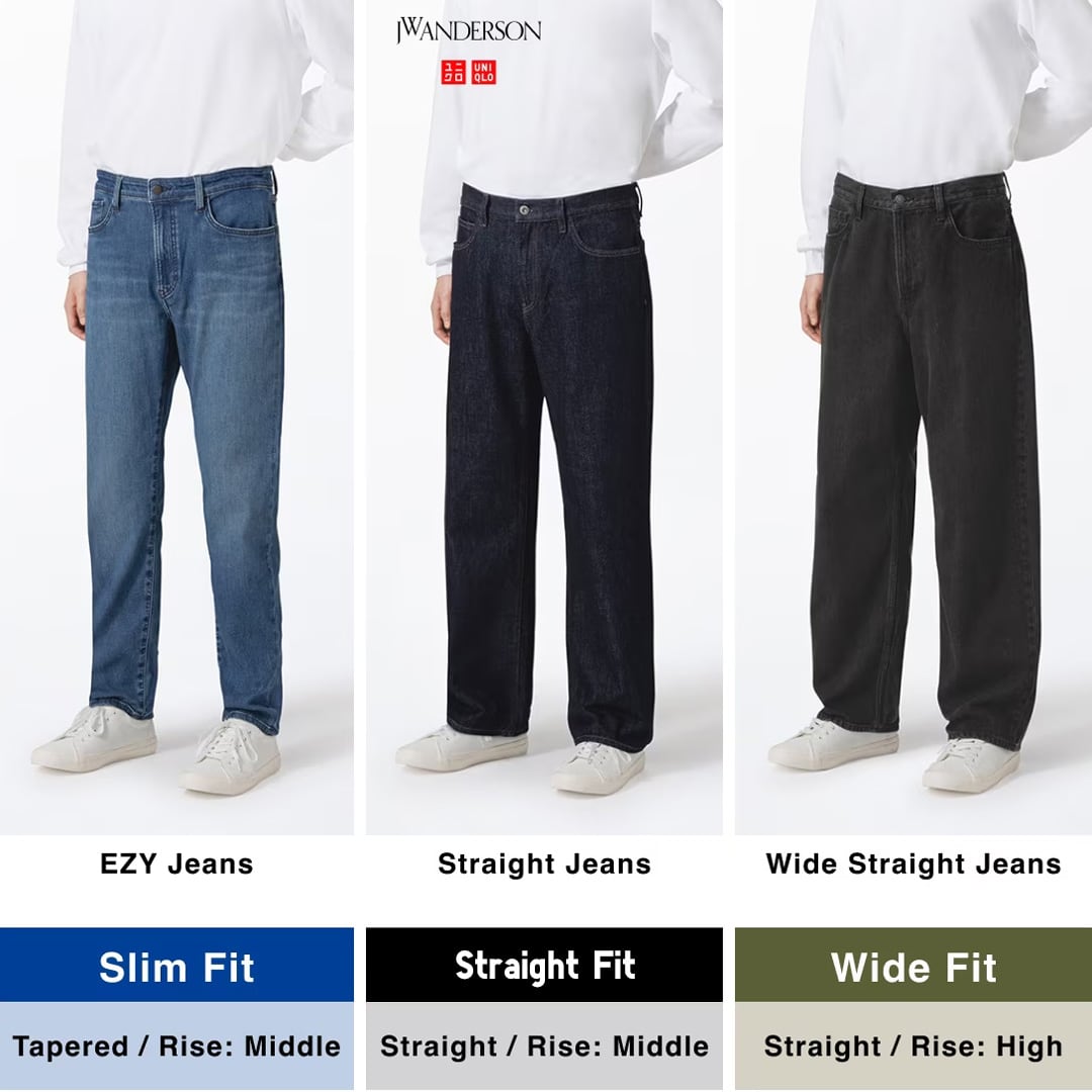 models wearing EZY Jeans, Straight Jeans and Wide Straight Jeans shown side-by-side to compare the fit
