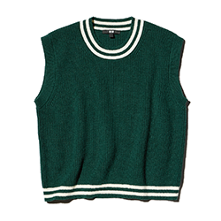 Off white Sweater Vest with green sporty stripes on the neckband and close to the hem.