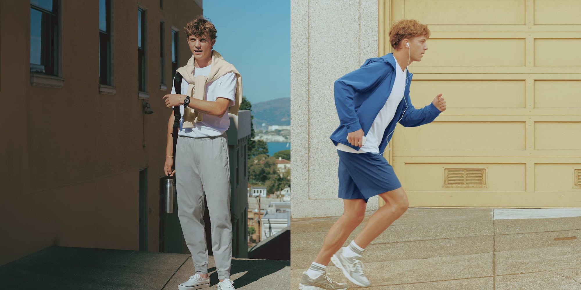 student Cole Fiegener wearing DRY-EX UV Protection Full-Zip Hoodie in blue, DRY-EX T-Shirt in white, Ultra Stretch Active Shorts in blue and Sports Half Socks in white