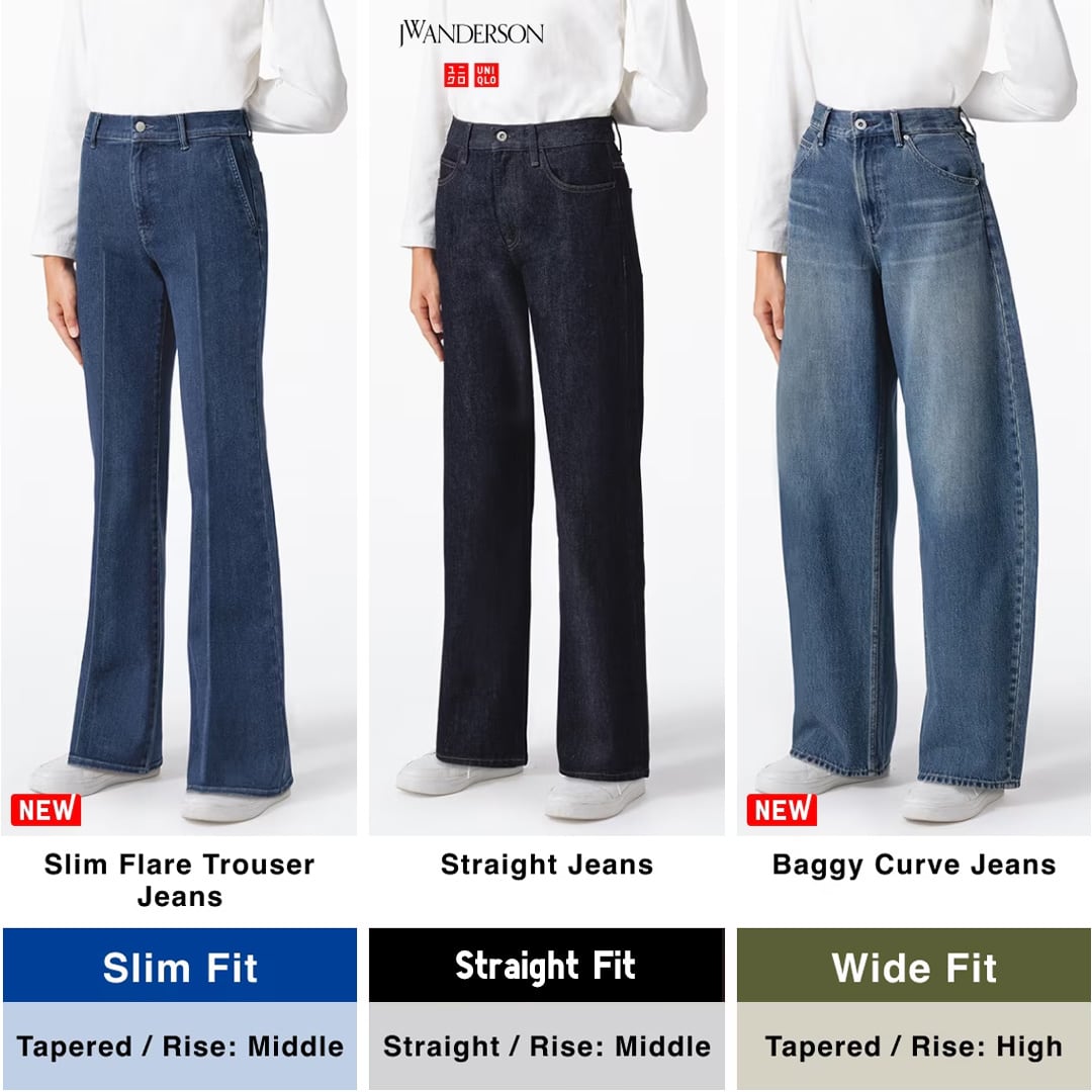 models wearing Ultra Stretch Skinny Ankle Jeans, Slim Flare Jeans, Straight Jeans and Baggy Curve Jeans to compare the different fits