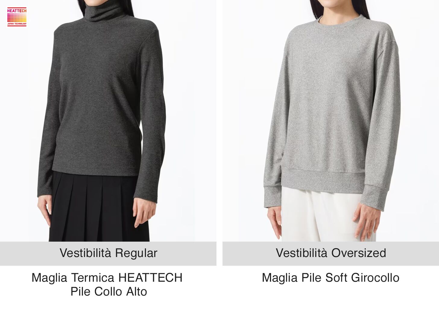 Due modelle con indosso rispettivamente una maglia grigio scuro a collo alto con vestibilità regular ed una maglia grigio chiaro girocollo con vestibilità oversized