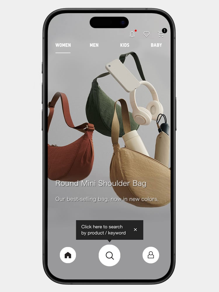 If you’re looking for a product, tap on the magnifying glass icon.