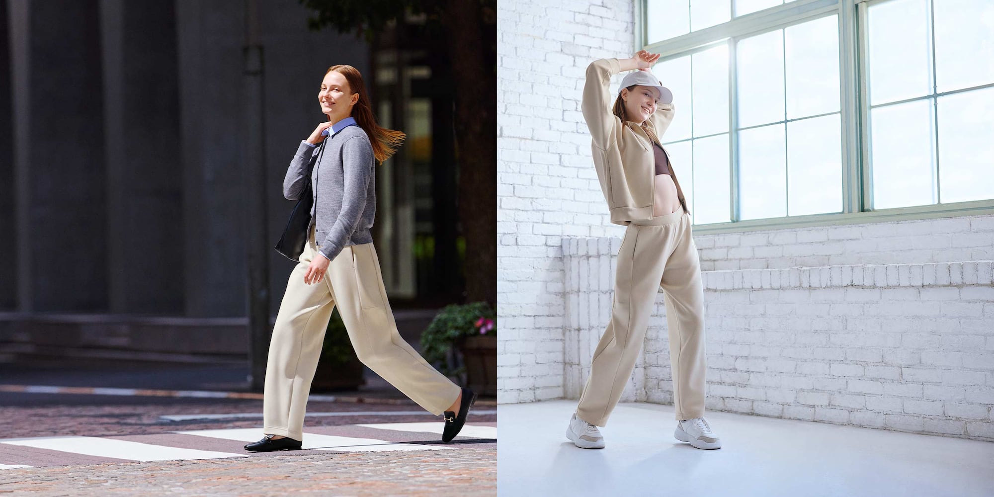 model wearing DRY Sweat Curve Trousers in natural as part of a sporty and an everyday outfit