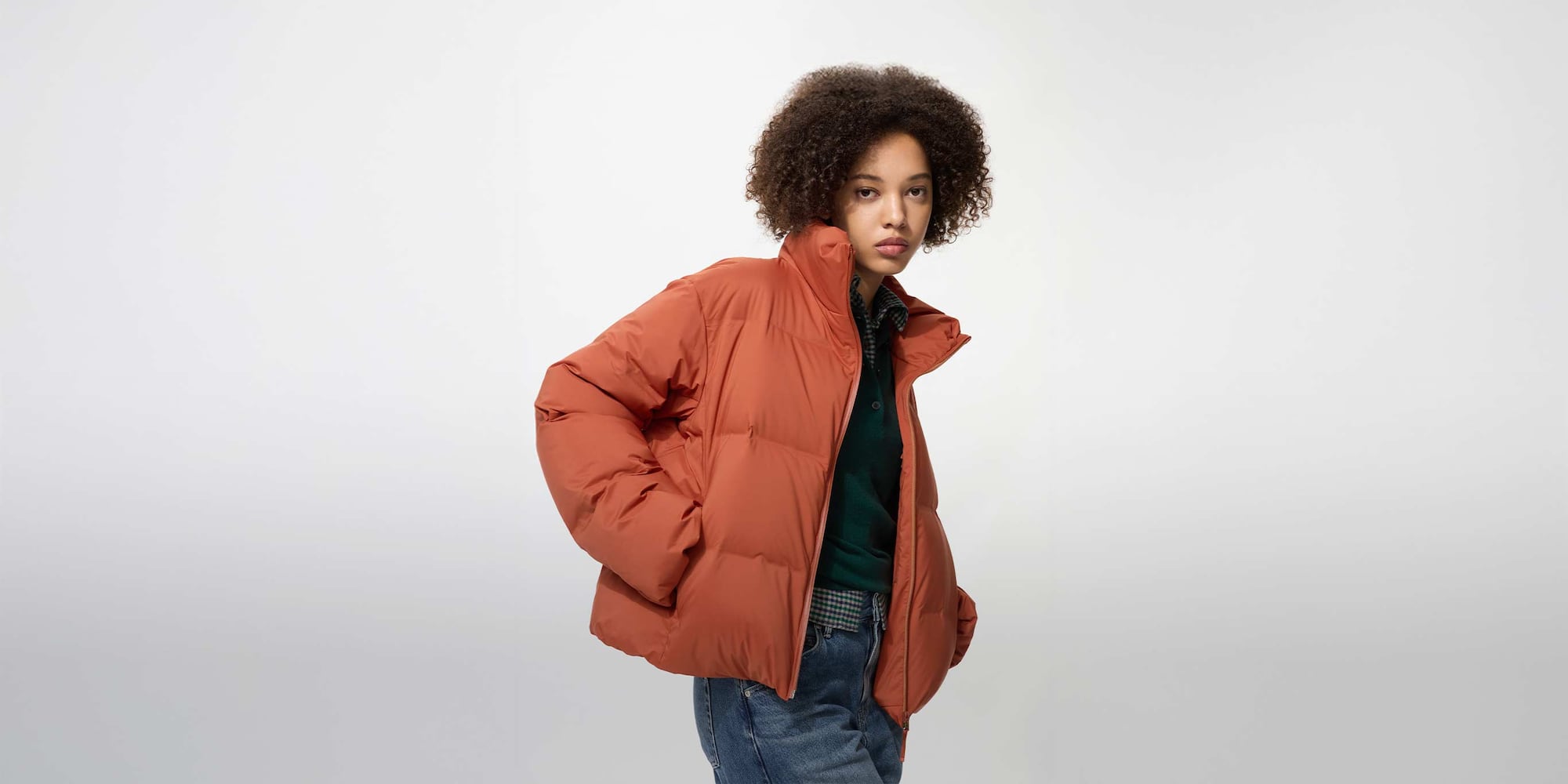 model wearing Seamless Down Short Jacket in blue