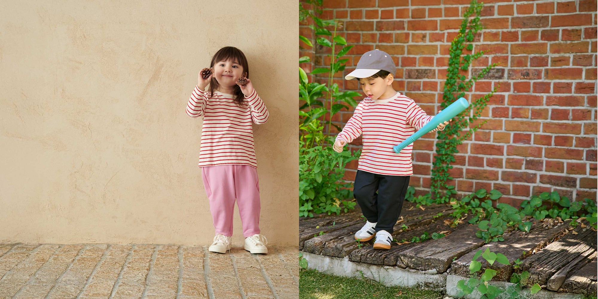 two models wearing Crew Neck T-Shirt in a red and white stripe