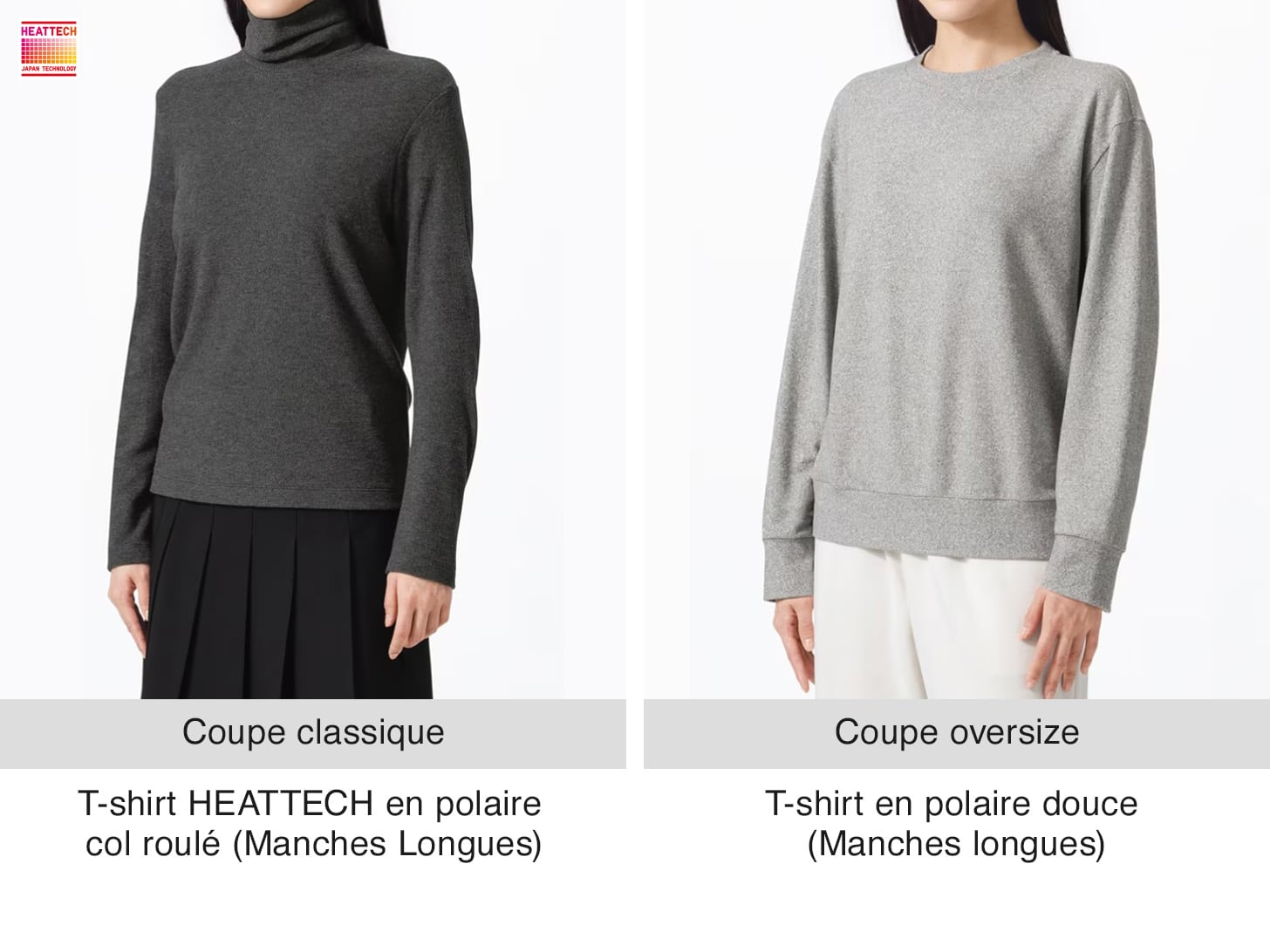 deux coupes de T-shirts à manches longues portées : col roulé classique et polaire oversized