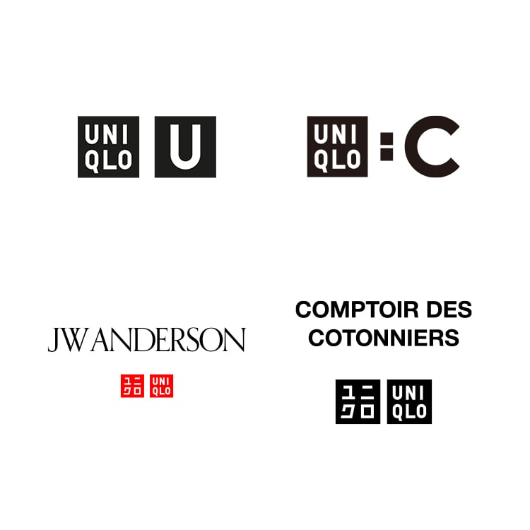 collaboration logos for Uniqlo U, UNIQLO : C, UNIQLO and Comptoir des Cotonniers, UNIQLO and Marimekko, UNIQLO and JW Anderson and UNIQLO and Princesse tam tam