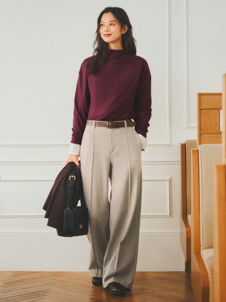 きれいめスタイル_ソフトニットフリースモックネックTサムネイル01