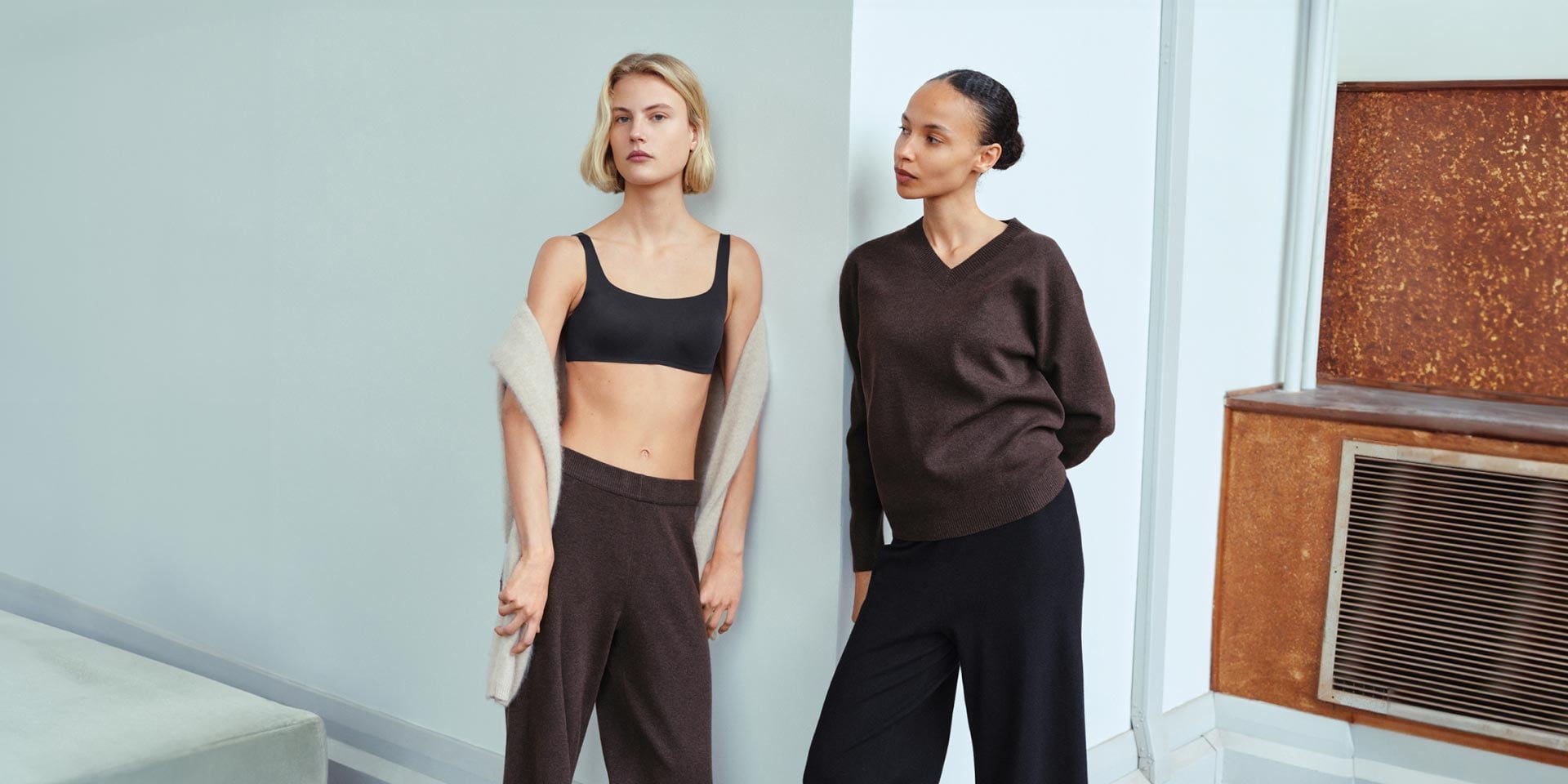 models wearing underwear and loungewear in shades of brown and black