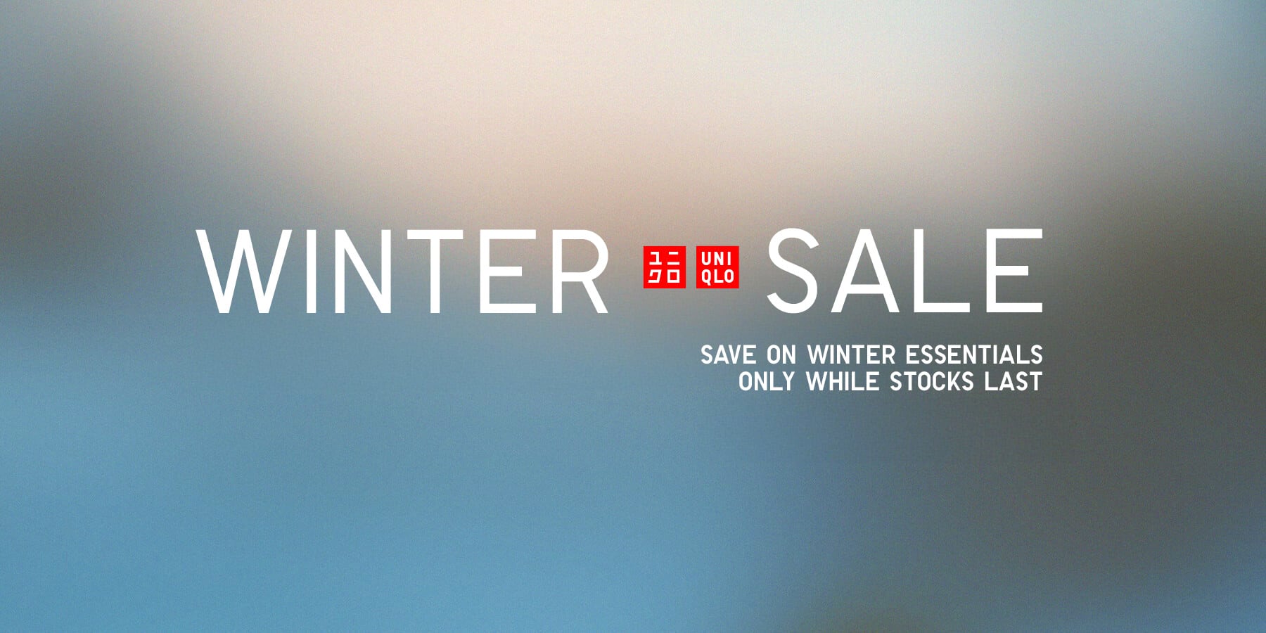 multicolour gradient background with 'WINTER SALE' text, "Save on winter essentials only while stocks last" message and UNIQLO logo