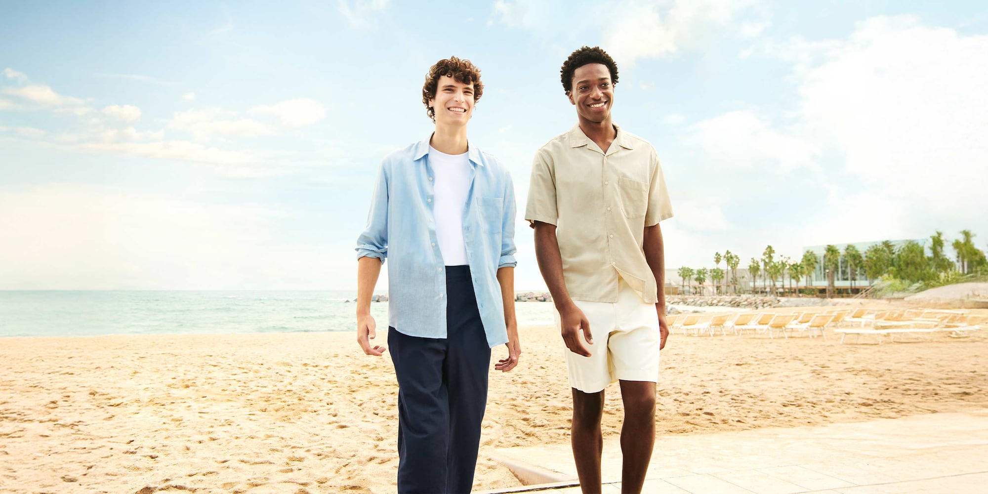 models wearing UNIQLO linen clothing on the beach