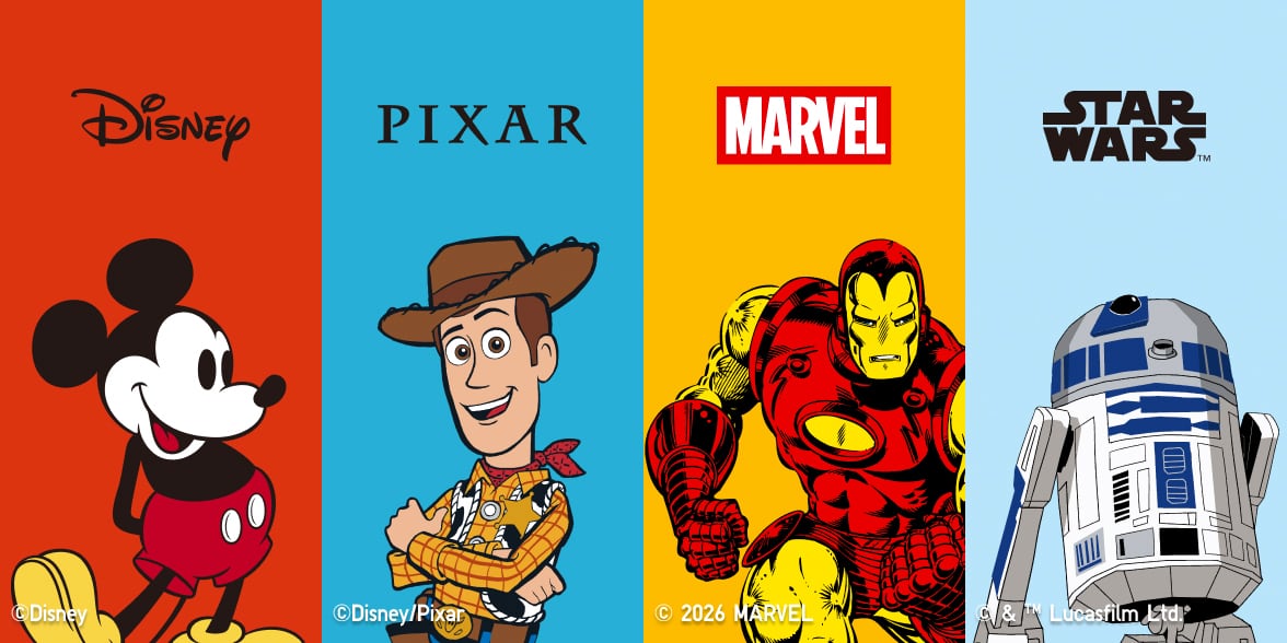 Mickey Mouse, Woody from Toy Story, Iron Man and R2D2 illustrations