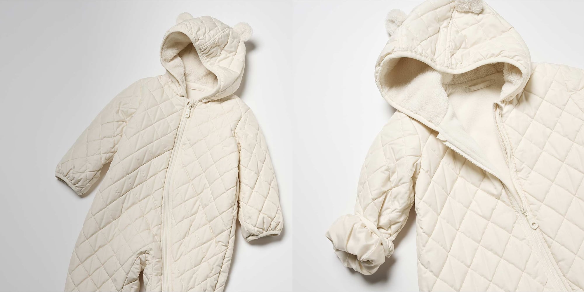 model wearing PUFFERTECH Washable One Piece Outfit in off white, walking barefoot on a white rug