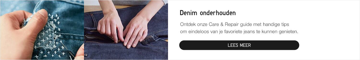 Foto met sashiko-borduursel op denim, foto met handen die rits van jeans dichtdoen en tekstbox over denim care & repair guide