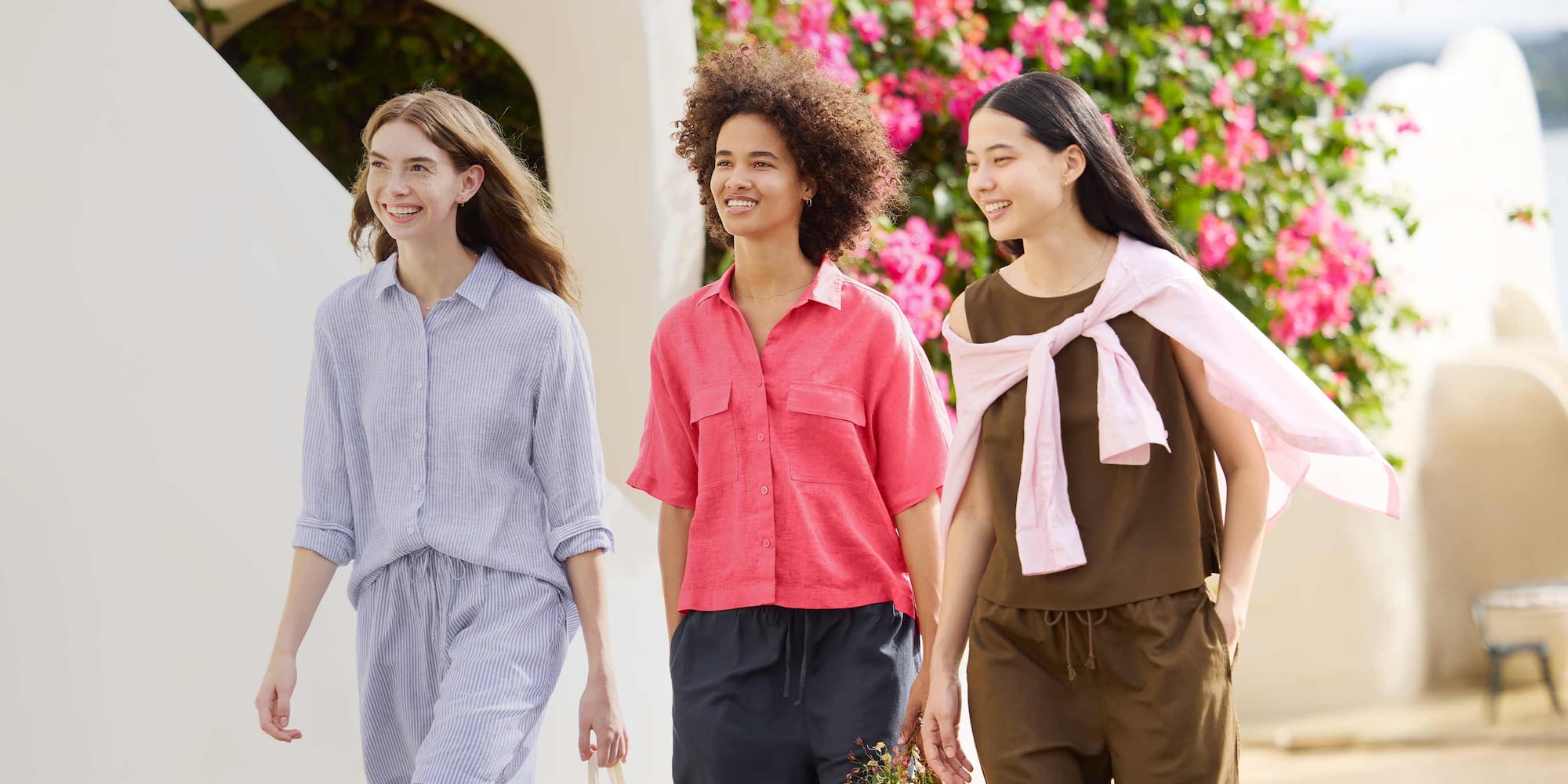 three models wearing linen shirts