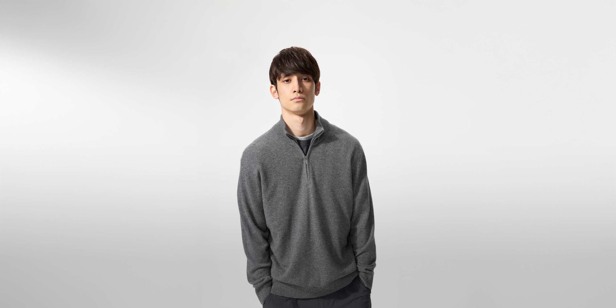 model wearing 100% Cashmere Half-Zip Jumper in grey