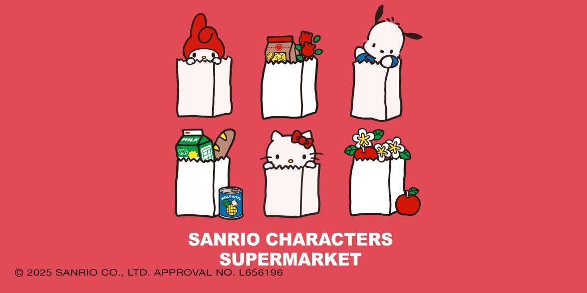 illustration of six paper shopping bags holding a mix of groceries and Sanrio characters