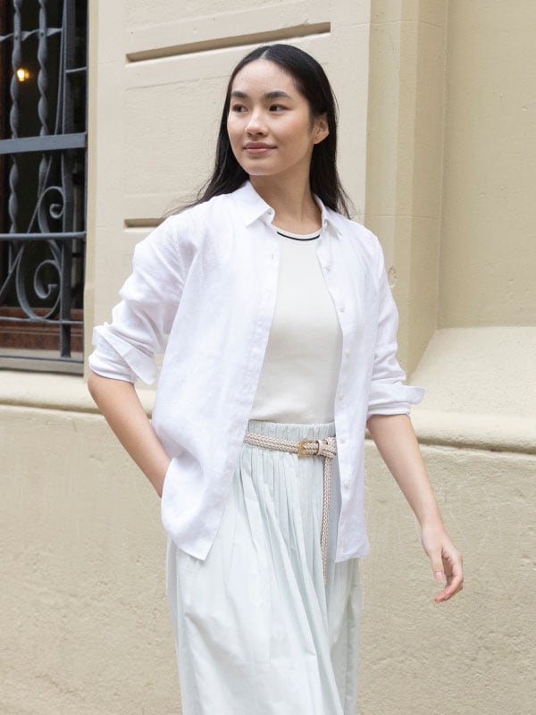 Kemeja Linen Blend Kerah Tegak 3/4