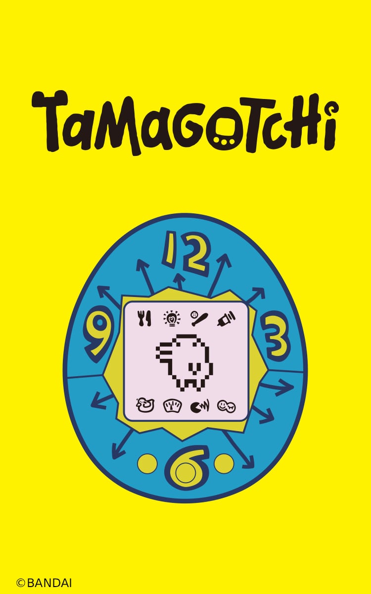 Yellow background with tamagotchi character