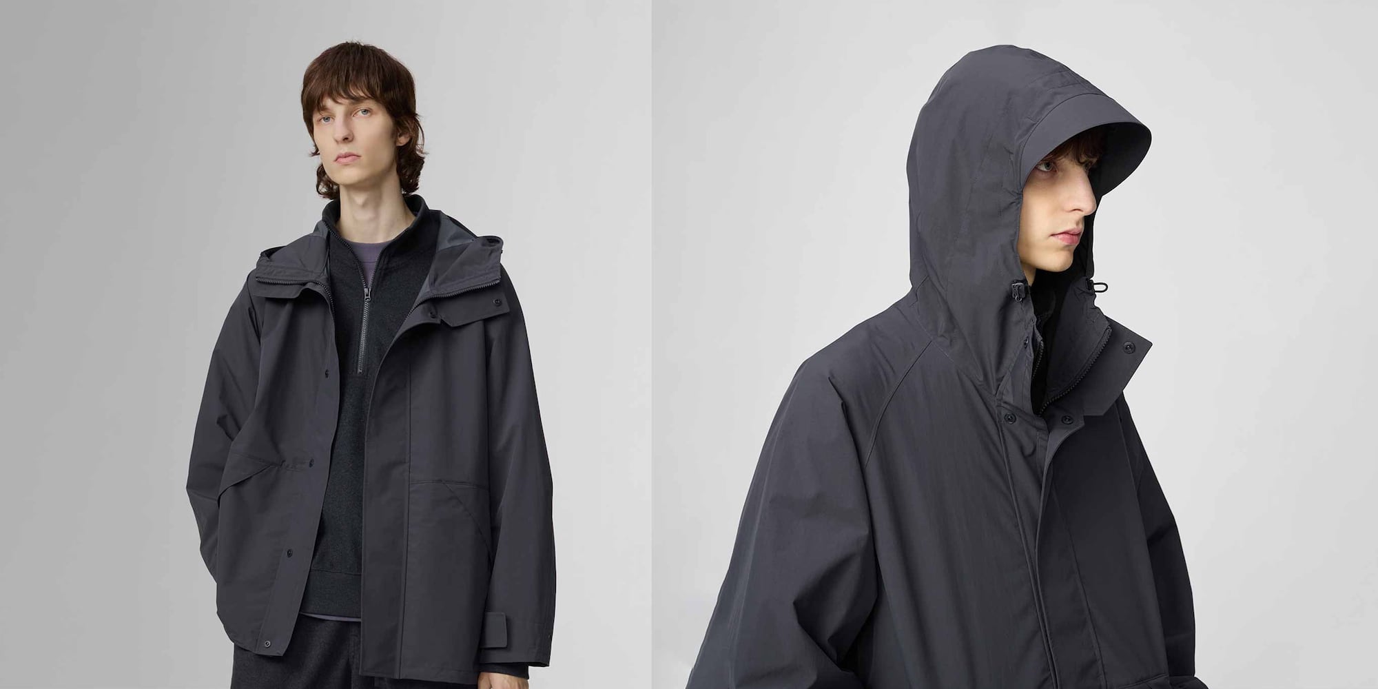 model wearing Brushed Sweat Wide Trousers in dark grey with a dark grey bucket hat and jacket and black shoes