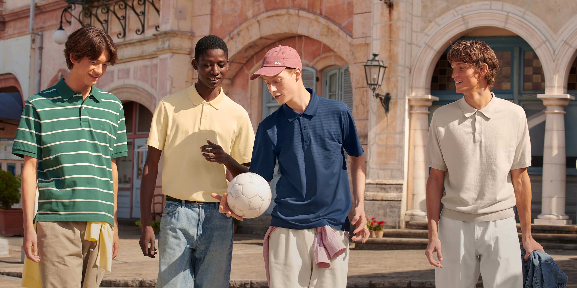four models wearing uniqlo polo shirts