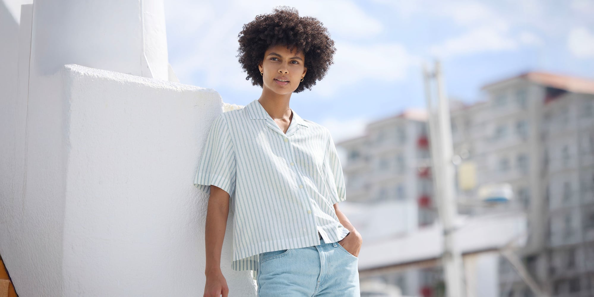 Warm Travel - W's linen blend open collar shirt/S